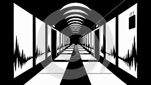 A black and white photograph of a deserted hallway with sound waves painted on the walls symbolizing the haunting nature