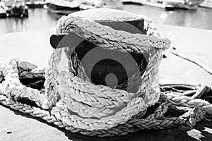 Black and White Photograph of a nautical anchoring rope for a submarine docked