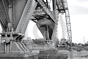 Black and white photograph of Newport Transporter Bridge over the River Usk