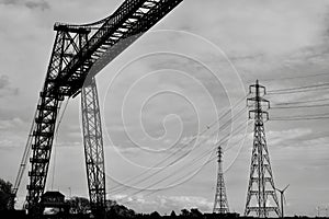 Black and white photograph of Newport Transporter Bridge over the River Usk