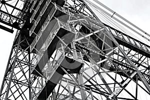 Black and white photograph of Newport Transporter Bridge over the River Usk