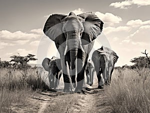 Black and white photograph of a pack of elephants walking across a steppa field