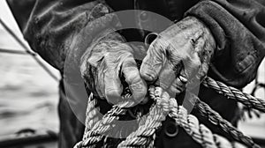 A black and white photograph of a sailors hands carefully working to tie a knot on a rope. The intense concentration on