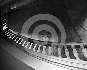 Black and white photograph of a spiral staircase