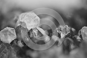 Black and white photograph of the structure of the surface of crystals. Close-up. Blurred background photo