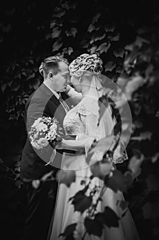 Black white photography beautiful young couple stand on background forest