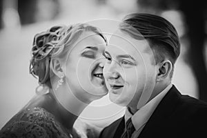 Black white photography beautiful young couple stand on background forest