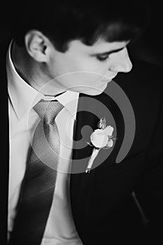 Black white photography happy young smiling groom