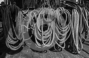 Black white photography a lot rope old ship side sailboat