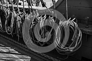Black white photography a lot rope old ship side sailboat