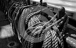 Black white photography a lot rope old ship side sailboat