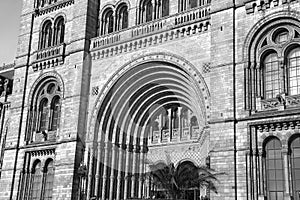 Black and white photography of the Natural History museum of London city