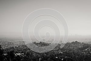 Black and white photography of the panoramic view of LA downtown and suburbs from the Griffith Observatory in Los Angeles