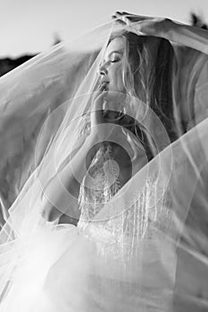Black and white photography portrait of a beautiful girl in a white dress with a veil