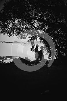 Black white photography romantic couple standing and kissing on background summer meadow