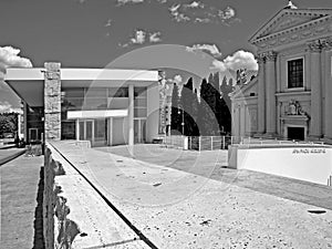 Black and White Photography Rome architecture: Augusto Emperor square, Ara pacis Museum and church