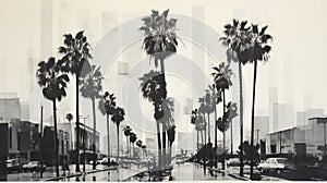 Black And White Photorealist Palm Trees In City: A Stunning Artistic Depiction photo