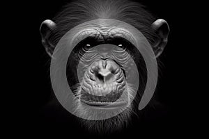 Black and white photorealistic studio portrait of a Chimpanzee on black background. ai generative