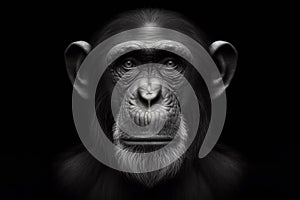 Black and white photorealistic studio portrait of a Chimpanzee on black background. ai generative