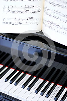 Black and white piano keys and sheet music