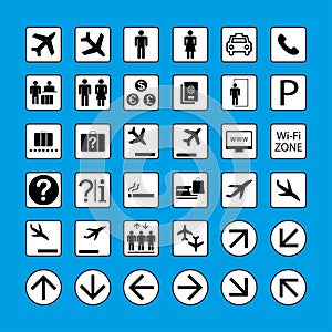 Black and white pictograms isolated on blue background