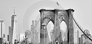 Black and white picture of Brooklyn Bridge and Manhattan skyline, New York City, USA