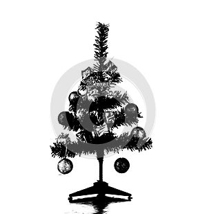 Black and white picture of Christmas fir tree decoration with baubles, small gift and lights presents for new year, isolated on