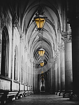 En blanco y negro una foto de la ciudad sala corredor linternas a pilar en viena 