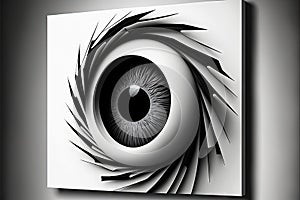 a black and white picture of an eye with a black circle in the center of it\'s iris, with a black background and white backg