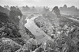 Black and white picture of Li River, Xingping, China.