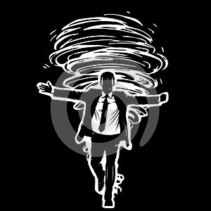 Black and white picture of a man in a suit that goes before an ominous, evil tornado