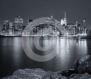 Black and white picture of New York City night skyline, USA