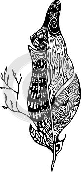 Black white picture of psychedelic feathers with abstract patterns of animal skin, tree branch, leaves.