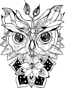 Black and white picture of an psychodellic Owl. Ornament, pattern, night, planets. Tattoo idea.