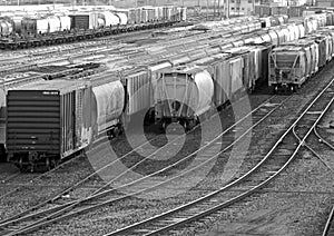 Black and white Picture of a Railyard photo