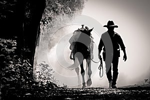 Black and white picture silhouette of cowboy and the horse in the morning sunrise