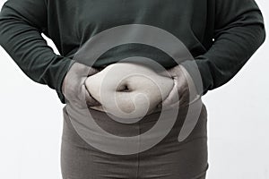 Black and white picture style for Close-up of fat woman on white background. Concept for obesity issue, diet of food for health