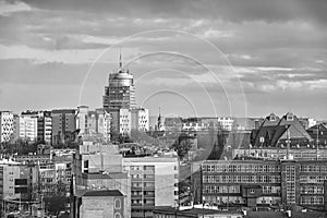 Black and white picture of the Szczecin City skyline.