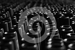 Black and white Picture of wine bottles photo