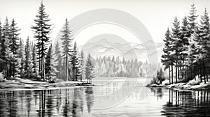 Black And White Pine Tree Sketch Along Water