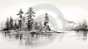 Black And White Pine Tree Sketch: Delicate Watercolor Landscape In 8k Resolution