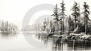 Black And White Pine Tree Sketch: Realistic Landscape Painting