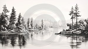 Black And White Pine Tree Sketch: Realistic Rendering Of Hazy Wilderness