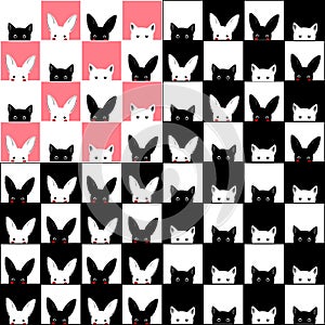 Black White Pink Cat Rabbit Chess board Background