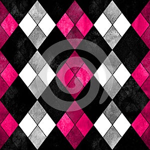 Black white pink grey argyle seamless plaid pattern. Watercolor hand drawn background