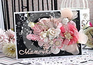 Black, white and pink handmade card