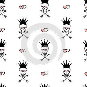 Black white pink seamless pattern background illustration with skulls with crowns and hearts