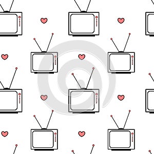 Black white pink vintage retro cartoon television seamless pattern background illustration with hearts