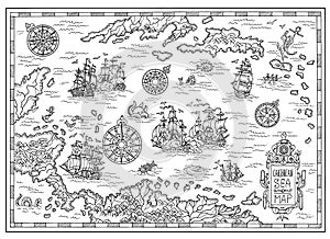 Black and white pirate map of the Caribbean Sea with old ships, islands and fantasy creatures