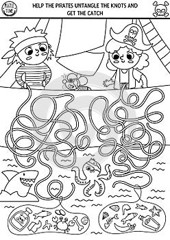 Black and white pirate maze for kids with ship, sea and kid sailors. Treasure hunt line preschool printable activity. Sea